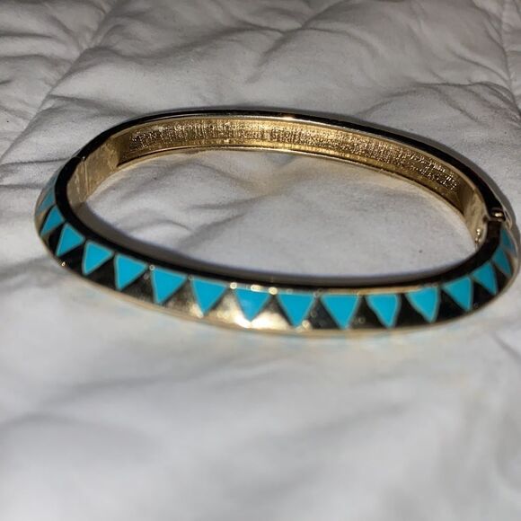 Turquoise & Gold Tone Hinged Bangle Bracelet - Picture 3 of 9